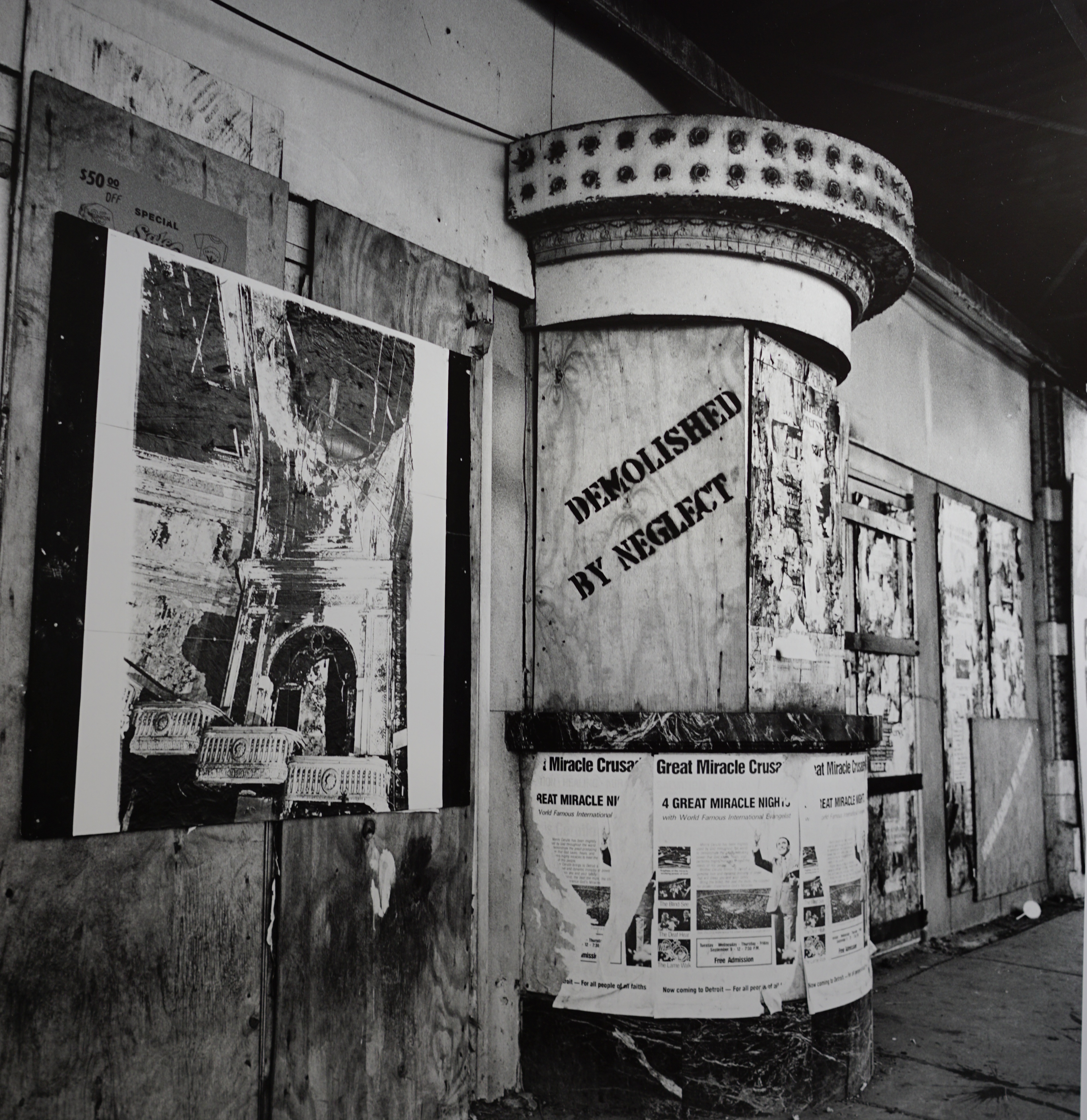 Detroit street façade of National Theatre where Demolished by Neglect photo-activism was installed